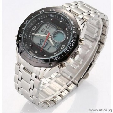 Solar LED Dual Display Steel Strap Quartz Wrist Watch