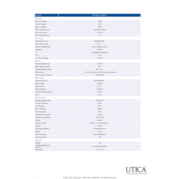 UTICA® 5kW Hybrid Inverter with Li-ion Battery Storage (*Inclusive of PV solar schematic drawings and technical support for installation)