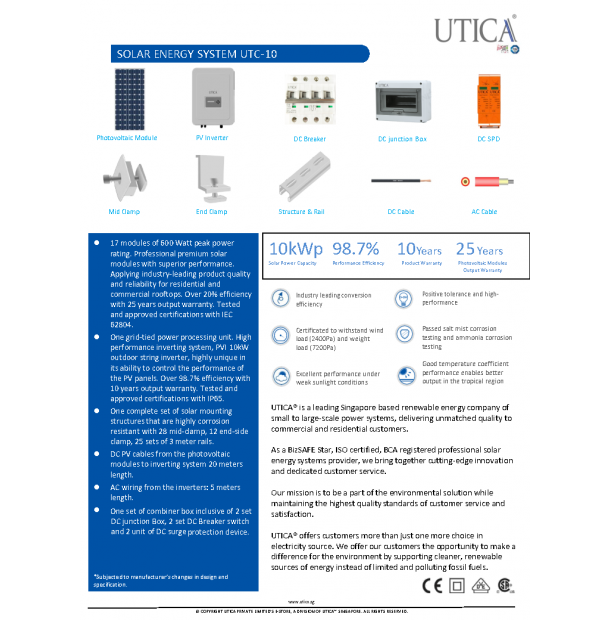 10kWp/ 60m² Roof Surface Area Required For UTICA® UTC-10 Solar Energy System. Grid-Tied Connection 10kWp Photovoltaic Modules.