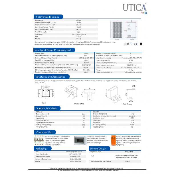 10kWp/ 60m² Roof Surface Area Required For UTICA® UTC-10 Solar Energy System. Grid-Tied Connection 10kWp Photovoltaic Modules.