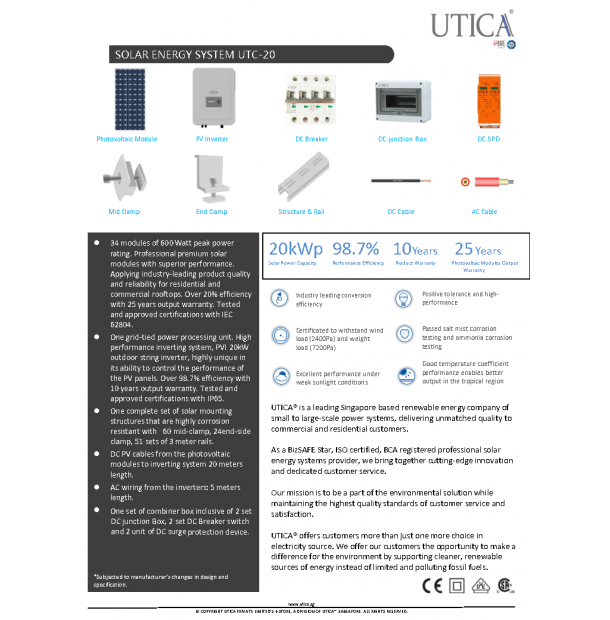 20kWp/ 120m² Roof Surface Area Required For UTICA® UTC-20 Solar Energy System. Grid-Tied Connection 20kWp Photovoltaic Modules.